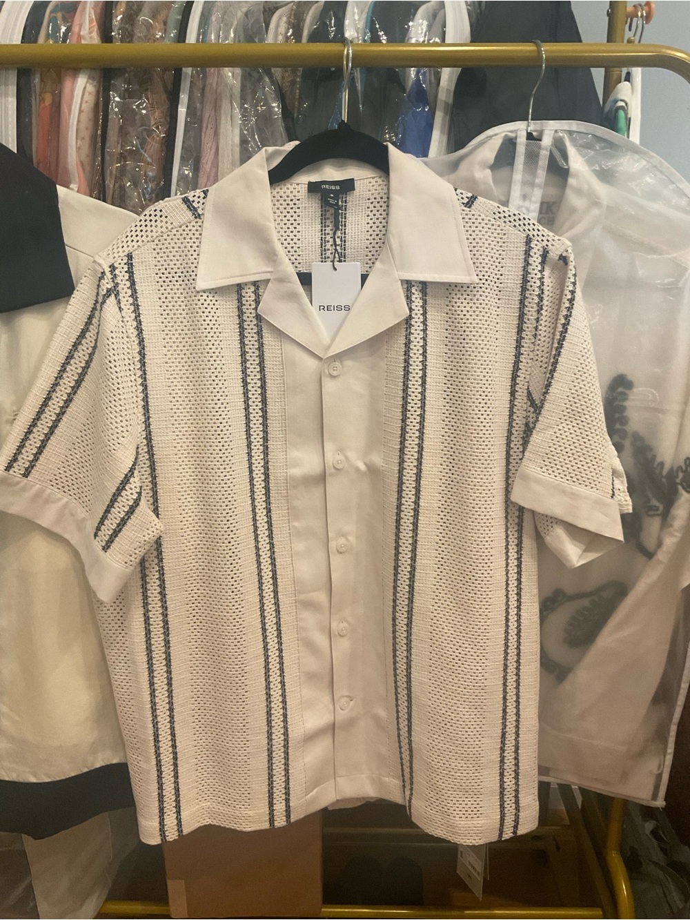 NWT Reiss Opal Crochet Stripe Cuban Collar Shirt Off White/Navy M